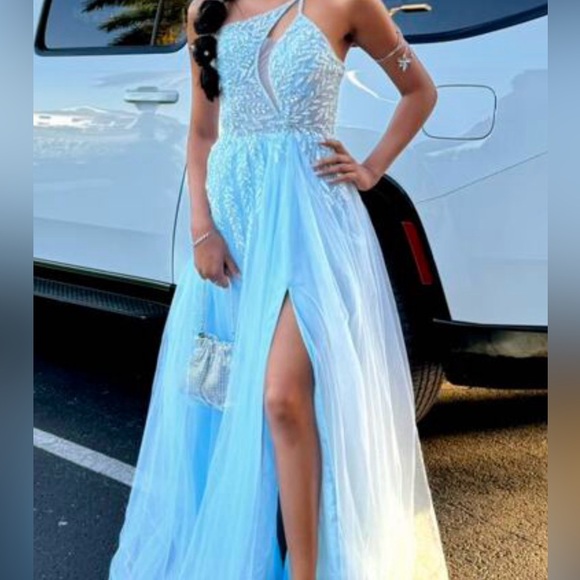 One Shoulder Split Thigh Mesh Beaded Formal Dress, Women Gown - Picture 5 of 9